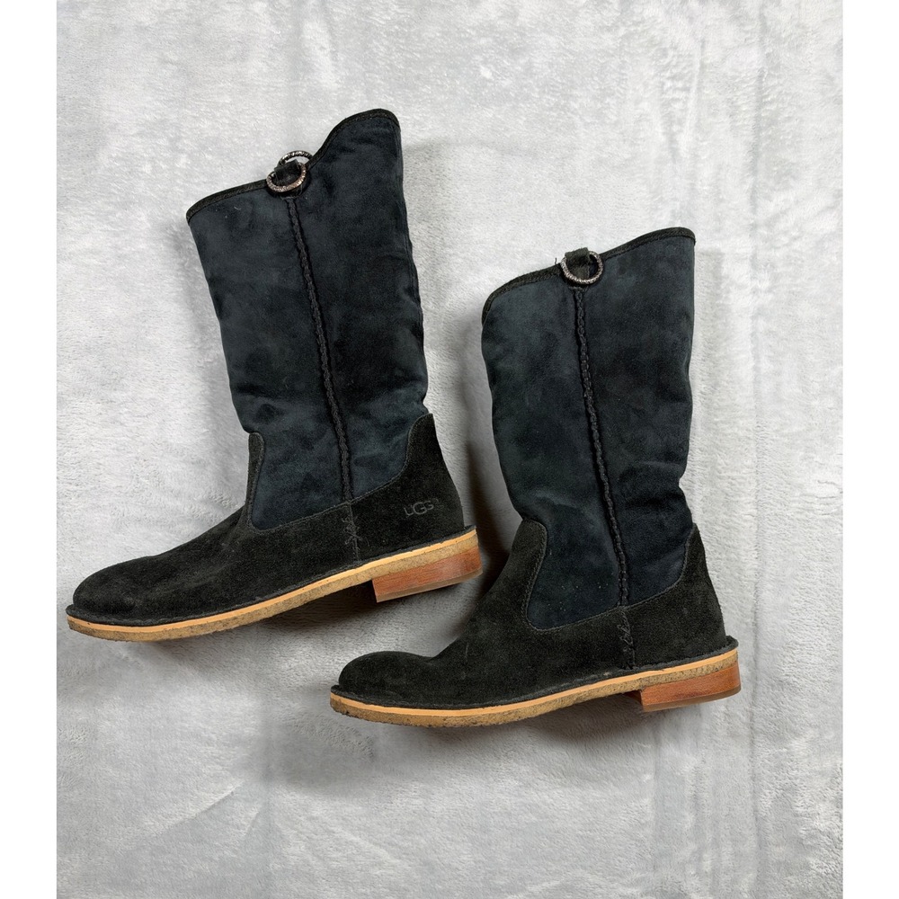 UGG Daphne Boots Women 6 Black Suede Shearling Mid Calf 1008705 Discontinued